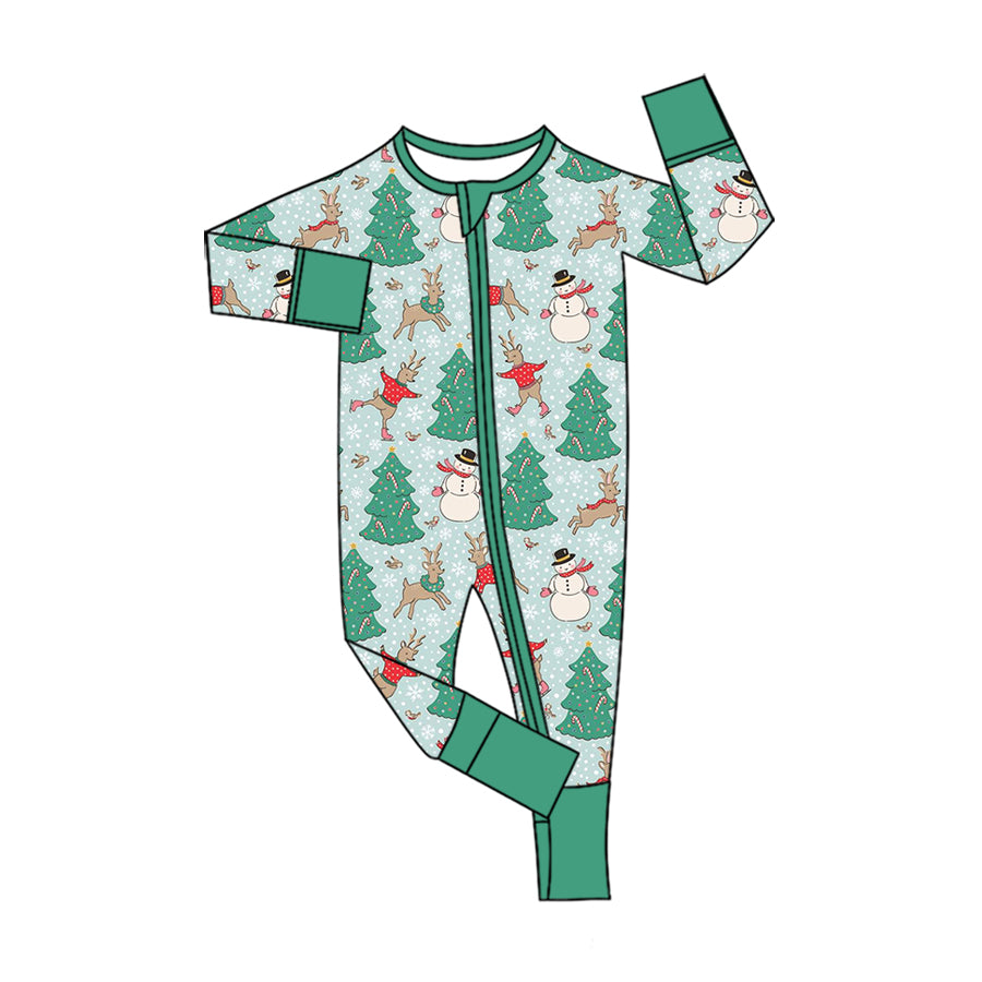Preorder moq 5 Baby Boys Blue Deer Snowmen Christmas Two Way Zip Convertible Rompers