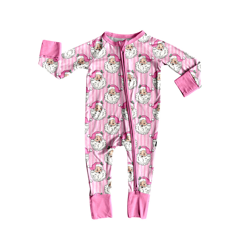 Preorder moq 5 Baby Girls Pink Stripe Santa Christmas Two Way Zip Convertible Rompers