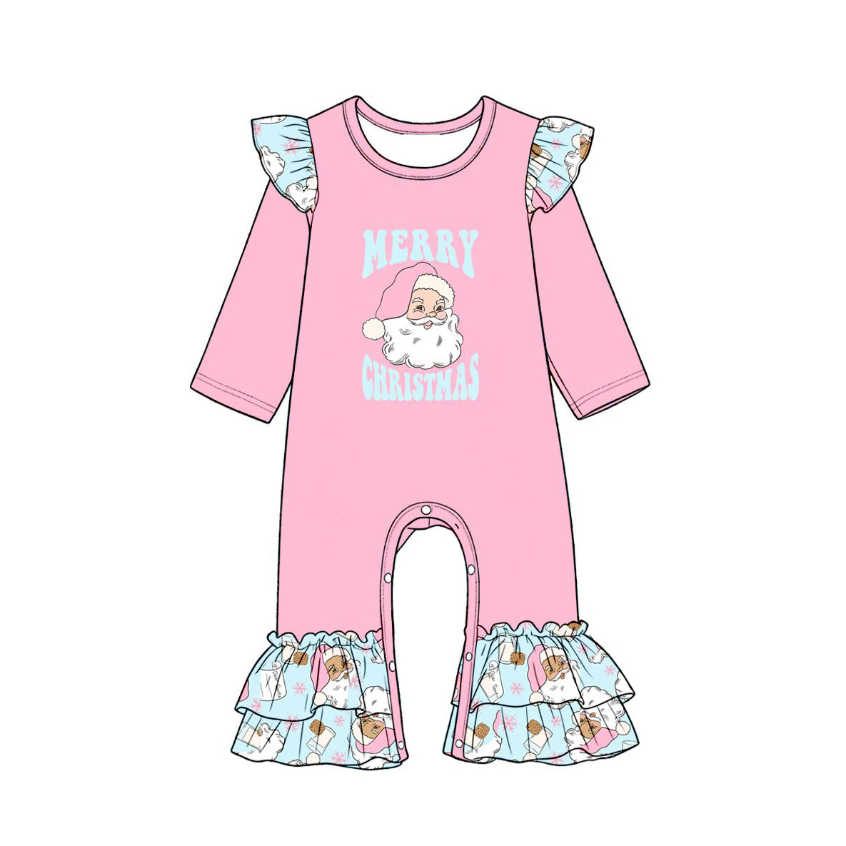 Preorder moq 5 Baby Girls Pink Santa Merry Christmas Ruffle Pant Rompers