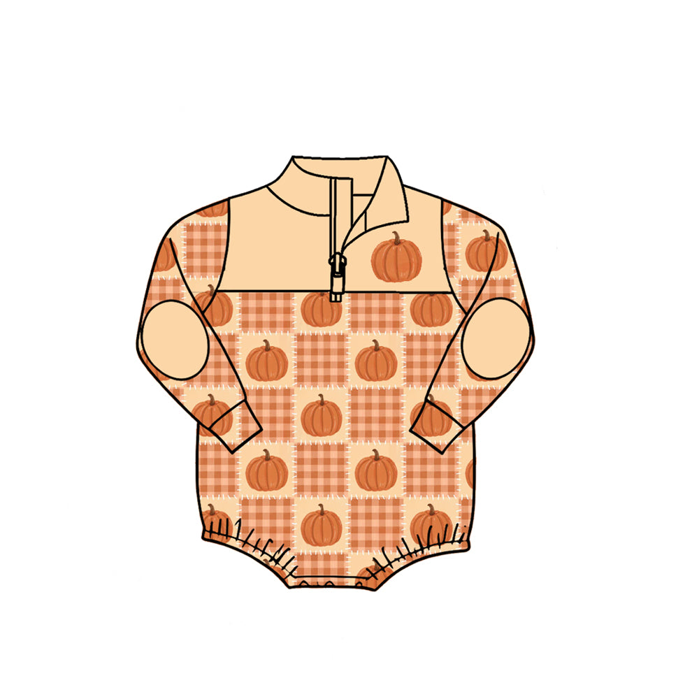 Preorder moq 5 Baby Boys Orange Checked Pumpkins Fall Zip Rompers