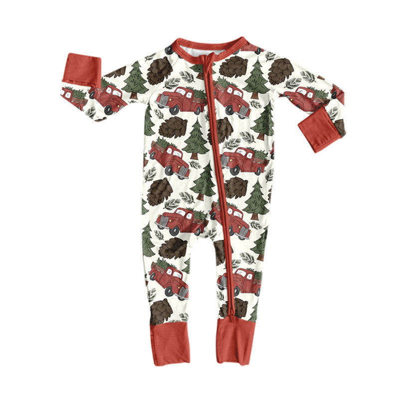 Preorder moq 5 Baby Boys Trees Trucks Christmas Two Way Zip Convertible Rompers