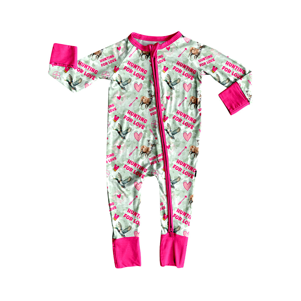 Preorder moq 5 Baby Girls Deer Ducks Hearts Hunting Two Way Zip Convertible Rompers