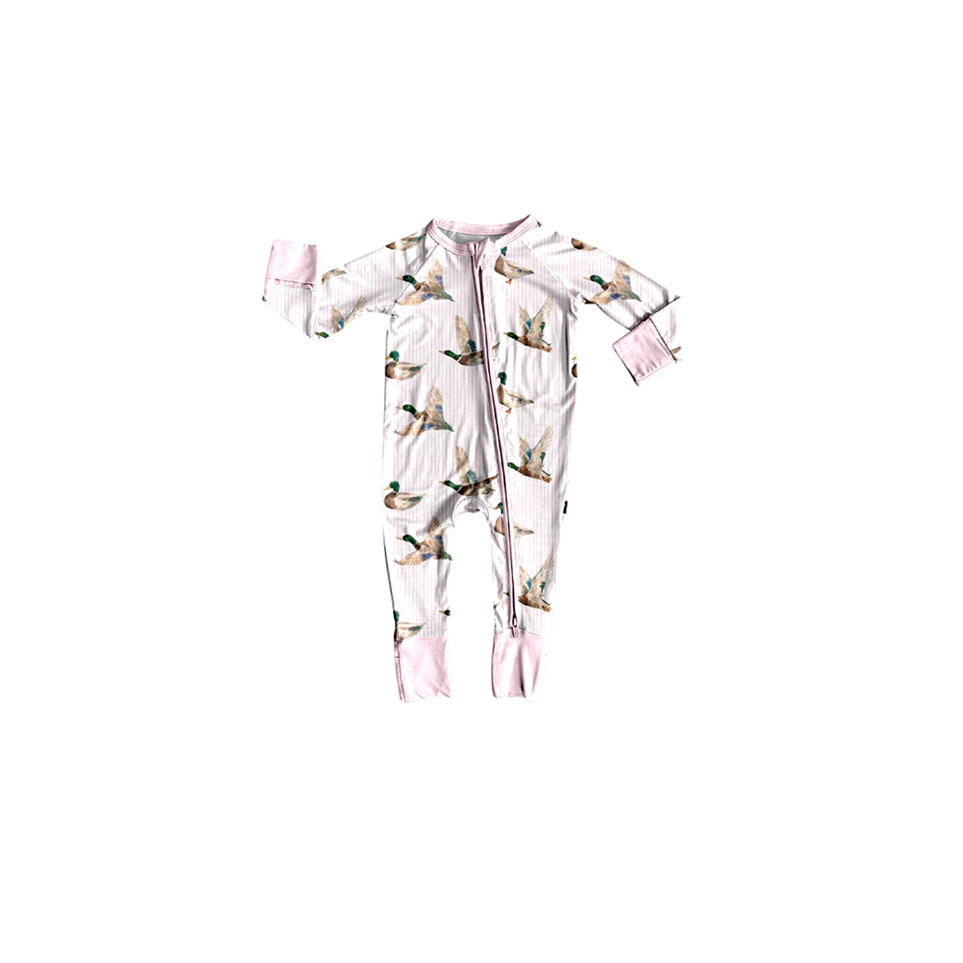 Preorder moq 5 Baby Girls Pink Stripe Ducks Hunting Two Way Zip Convertible Rompers