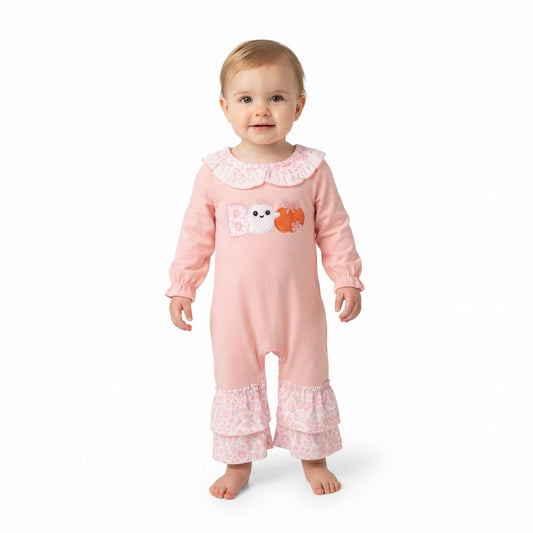 Embroidery Pumpkin Ghost BOO Baby Girls Halloween Ruffle Pant Rompers