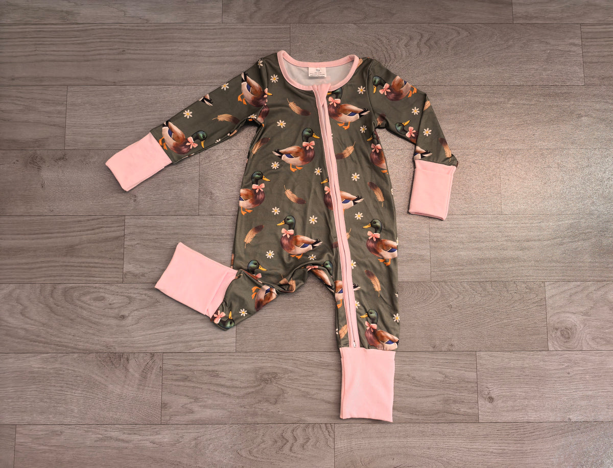 Baby Girls Flowers Ducks Hunting Two Way Zip Convertible Rompers