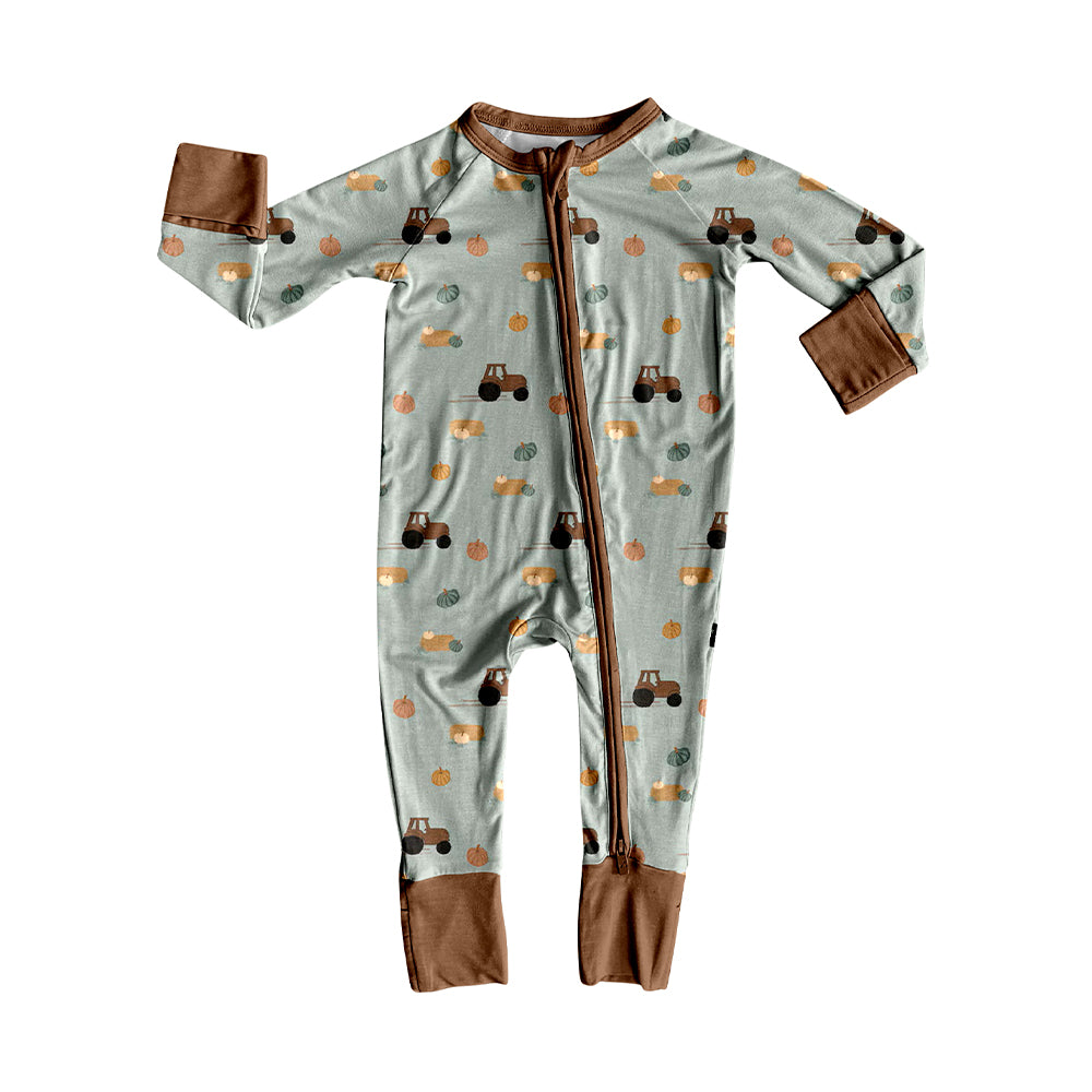 Preorder moq 5 Baby Boys Pumpkins Trucks Fall Two Way Zip Convertible Romper