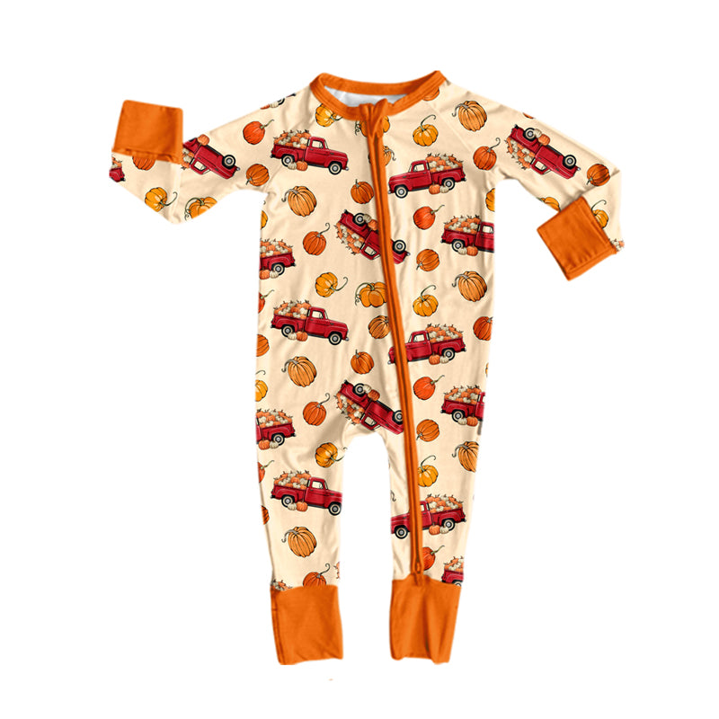 Preorder moq 5 Baby Boys Pumpkins Trucks Fall Two Way Zip Convertible Romper