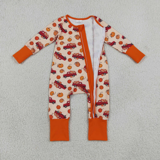Baby Boys Pumpkins Trucks Fall Two Way Zip Convertible Romper