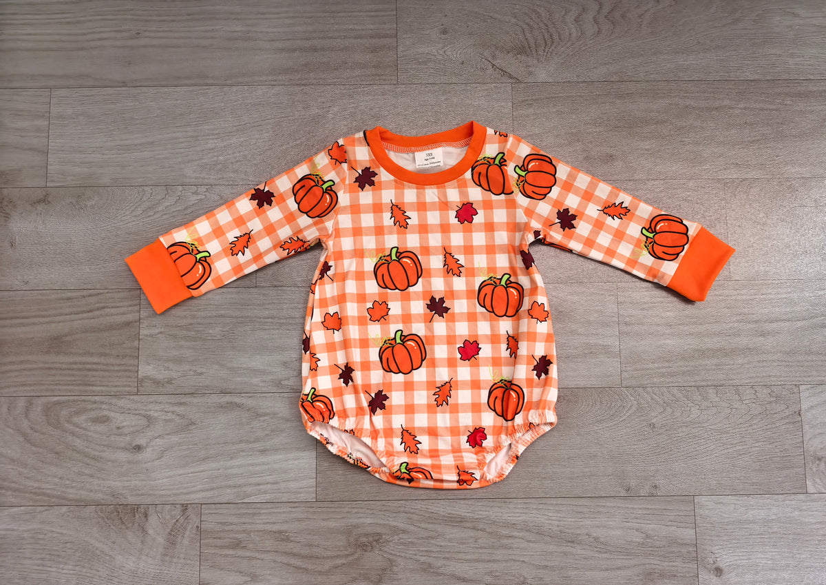 Baby Boys Long Sleeve Orange Checked Pumpkins Leaves Fall Romper
