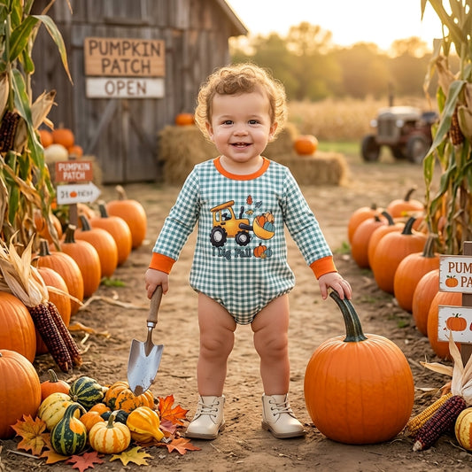 Baby Boys Long Sleeve Green Checked Pumpkins Truck Fall Romper