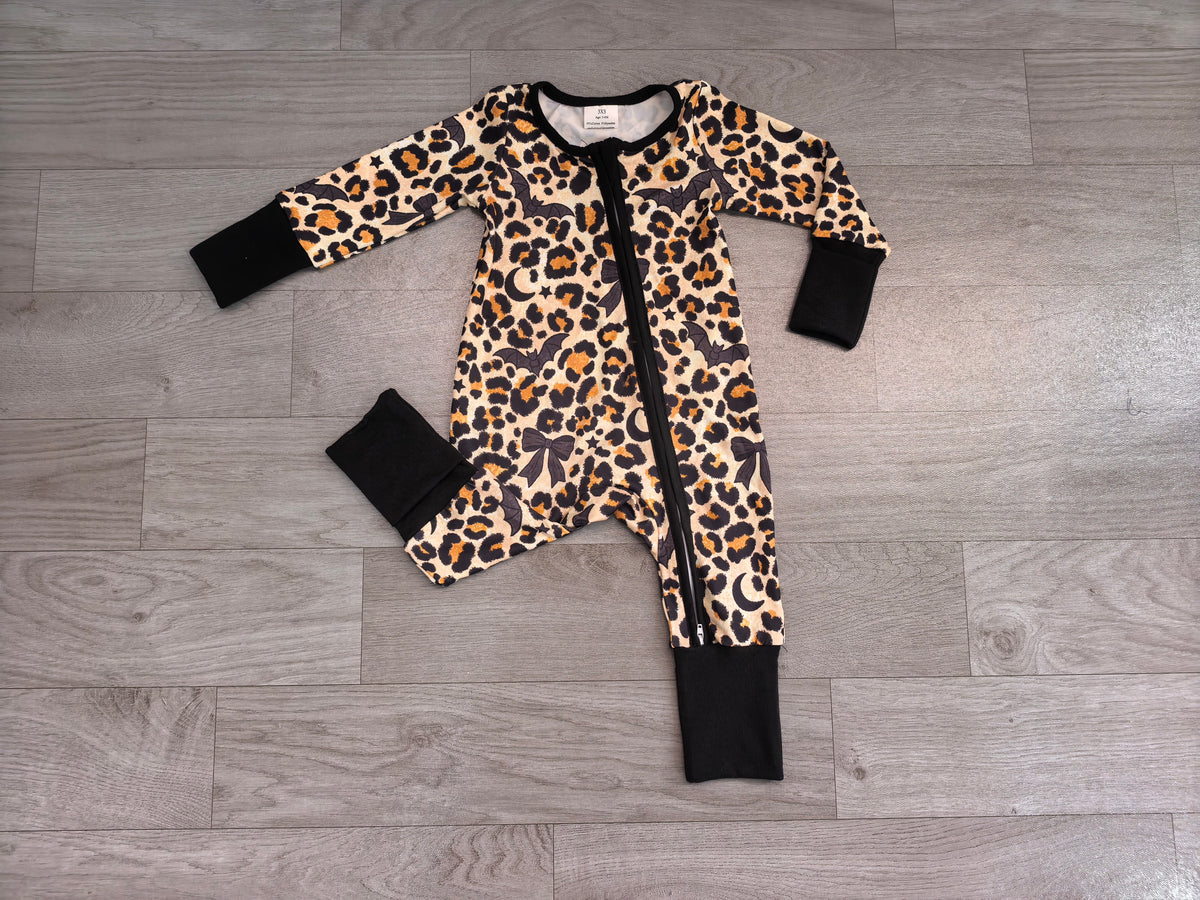 Baby Boys Leopard Bats Halloween Two Way Zip Convertible Romper