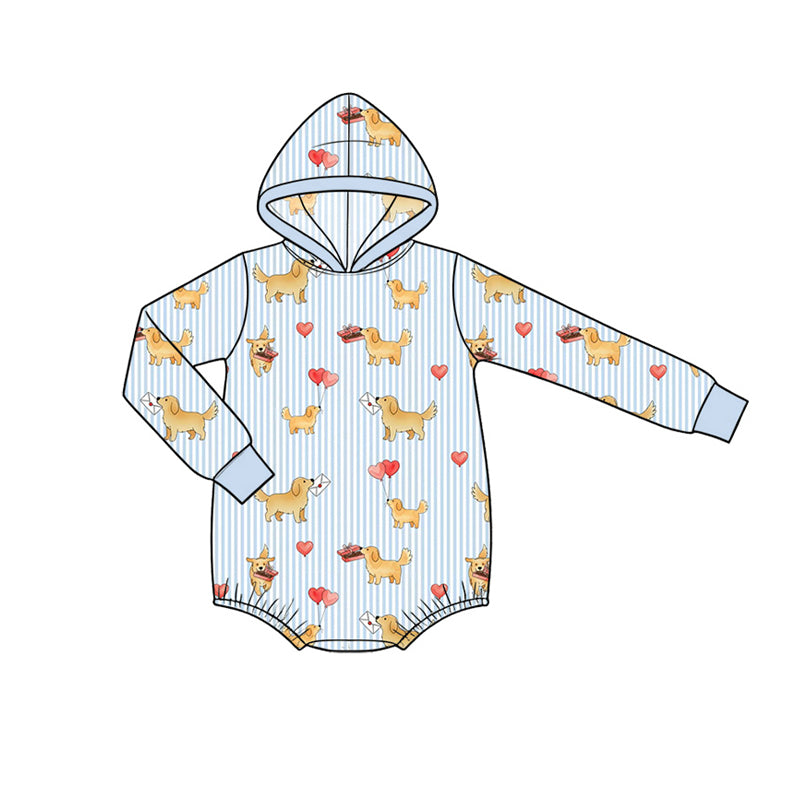 Preorder moq 5 Baby Boys Blue Stripe Dogs Hearts Valentines Hoodies Romper