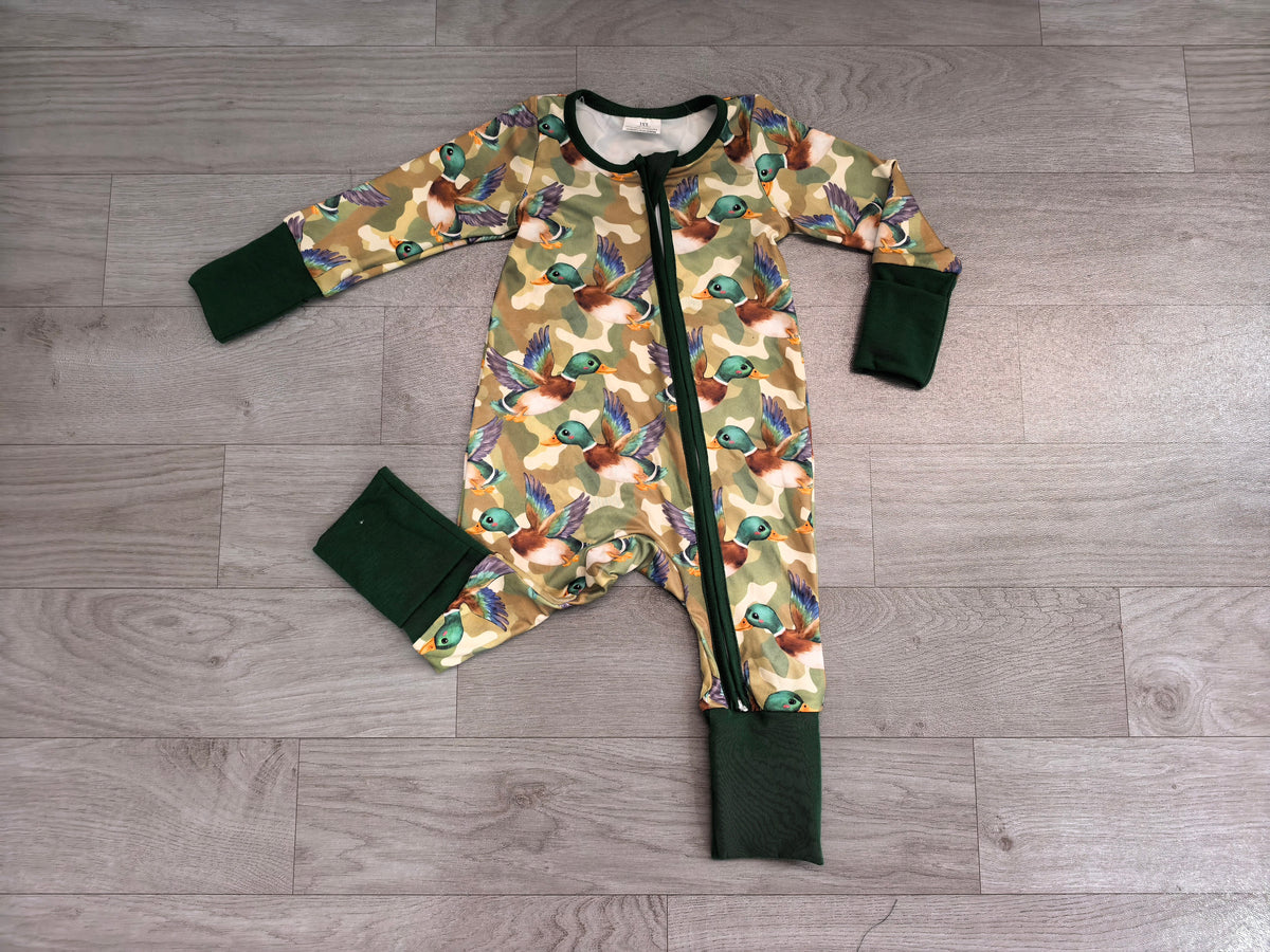 Baby Boys Green Camo Ducks Hunting Two Way Zip Convertible Rompers