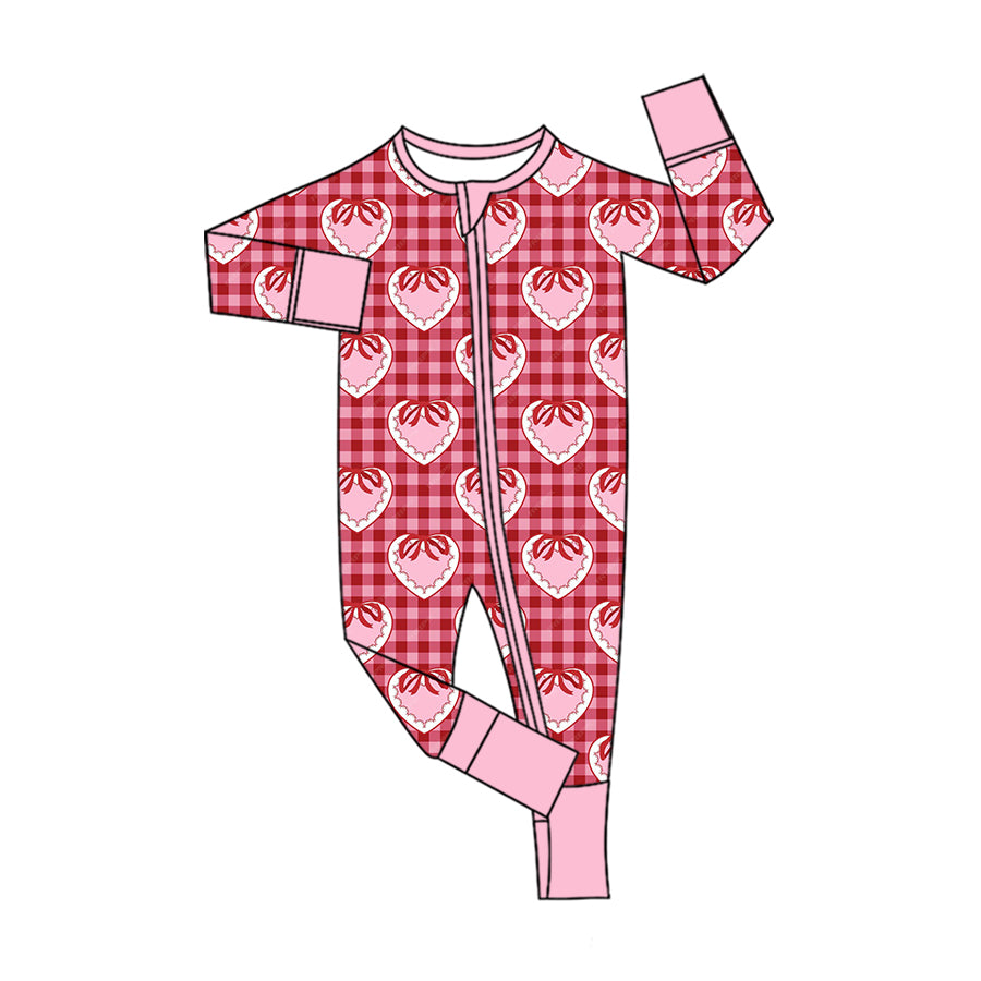 Preorder moq 5 Baby Girls Bow Hearts Checked Valentines Two Way Zip Convertible Rompers