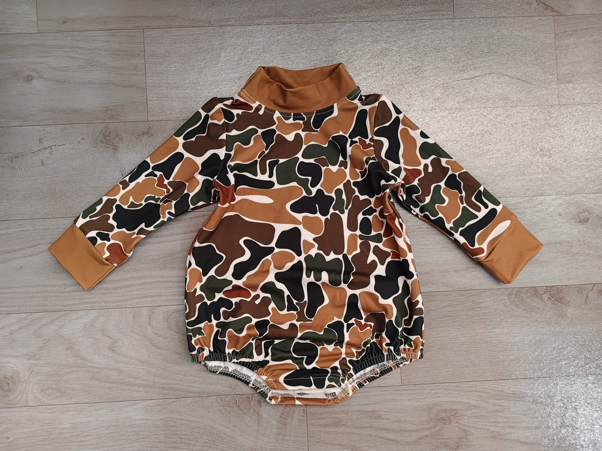Baby Boys Long Sleeve Dark Brown Camo Choker Rompers