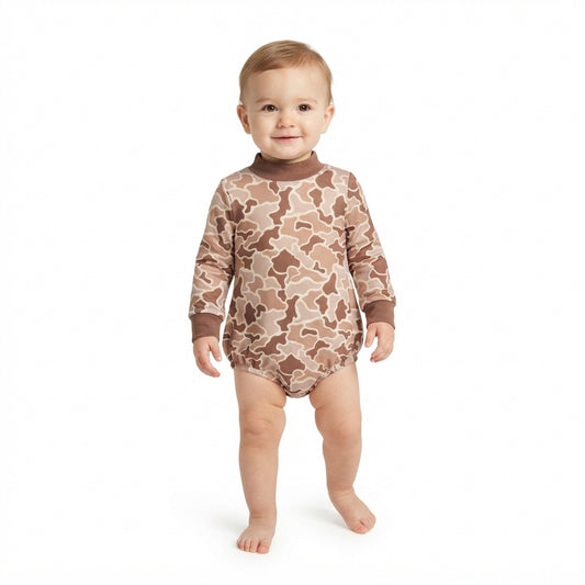 Baby Boys Long Sleeve Khaki Brown Camo Choker Rompers
