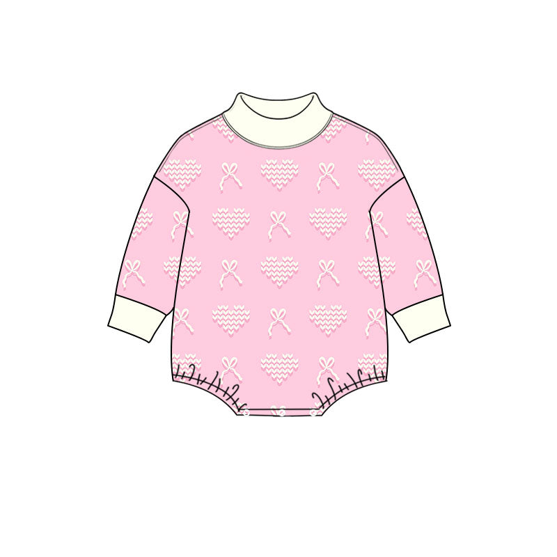 Preorder moq 5 Baby Girls Pink Long Sleeve Bows Hearts Valentines Ruffle Romper