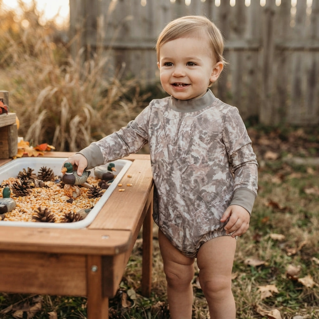 Baby Kids Long Sleeve Grey Khaki Leaves Camo Yoga Active Choker Rompers