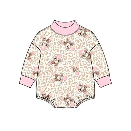 Preorder moq 5 Baby Girls Long Sleeve Pink Leopard Bows Rabbits Easter Rompers
