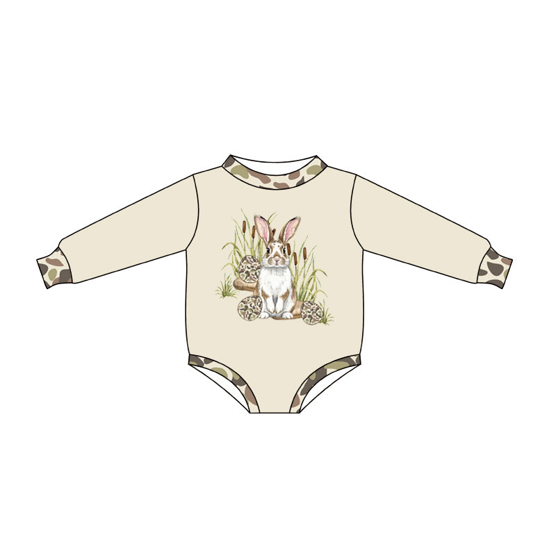 Preorder moq 5 Baby Boys Long Sleeve Khaki Camo Rabbits Easter Rompers