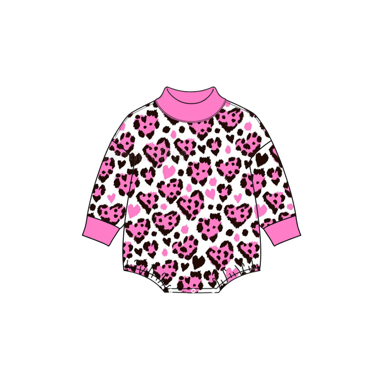 Baby Girls Long Sleeve Pink Black Leopard Hearts Valentines Choker Rompers Preorder