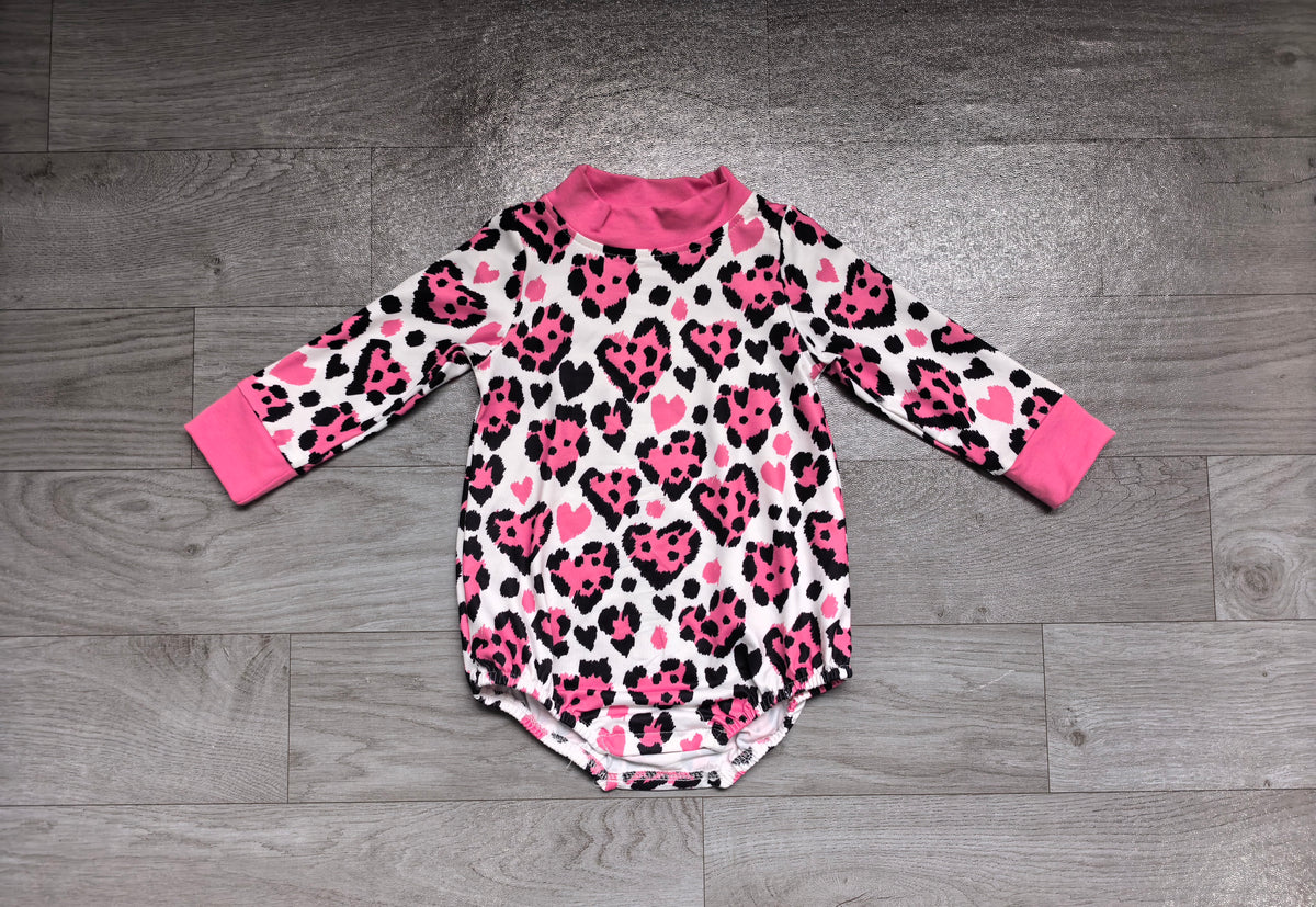 Baby Girls Long Sleeve Pink Black Leopard Hearts Valentines Mock Neck Rompers