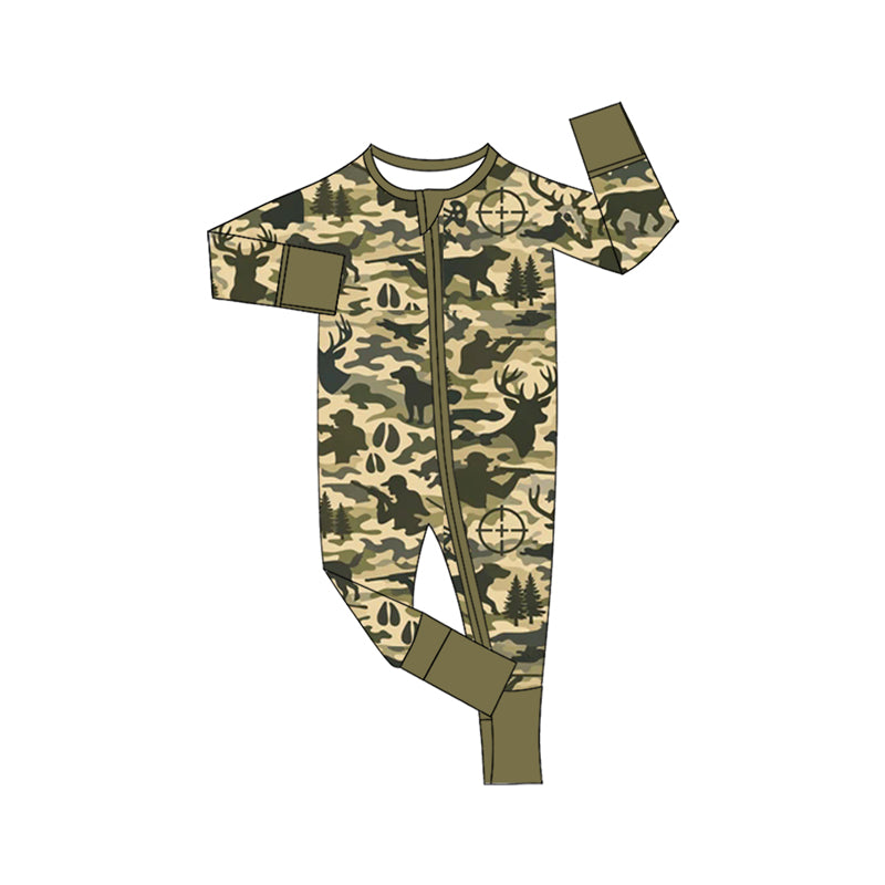 Baby Boys Green Deer Dogs Camo Hunting Two Way Zip Convertible Rompers Preorder
