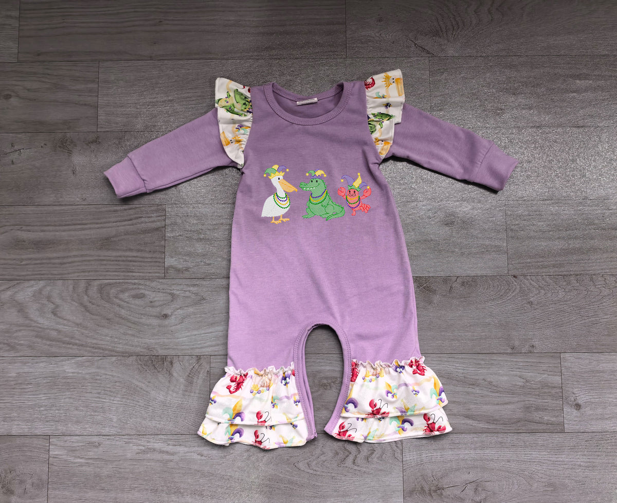 Embroidery Anchors Crayfishes Baby Girls Mardigras Ruffle Pant Rompers Preorder