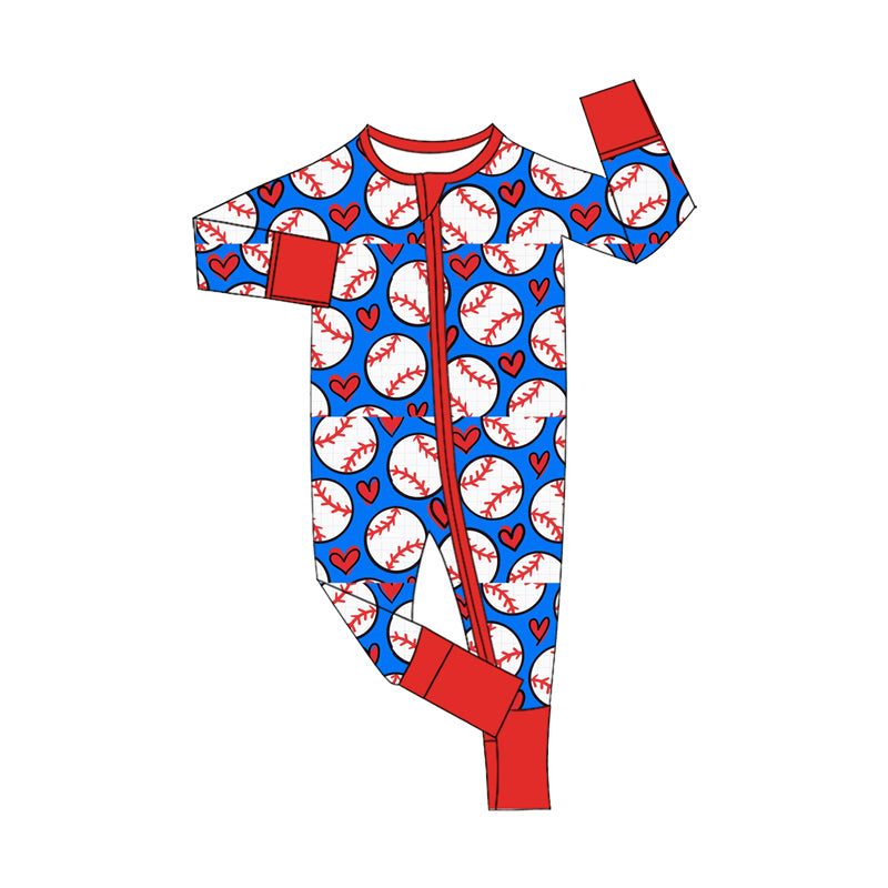 Baby Boys Hearts Baseballs Valentines Team Two Way Zip Convertible Rompers Preorder