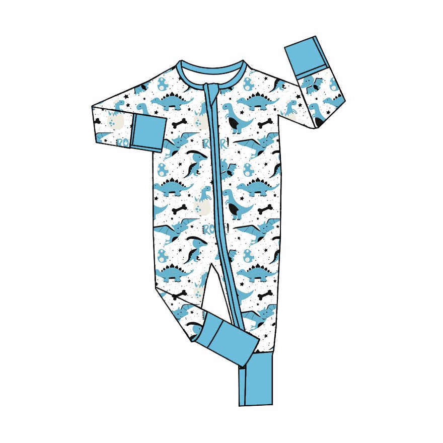 Baby Boys Blue Dinosaurs Roar Two Way Zip Convertible Rompers Preorder