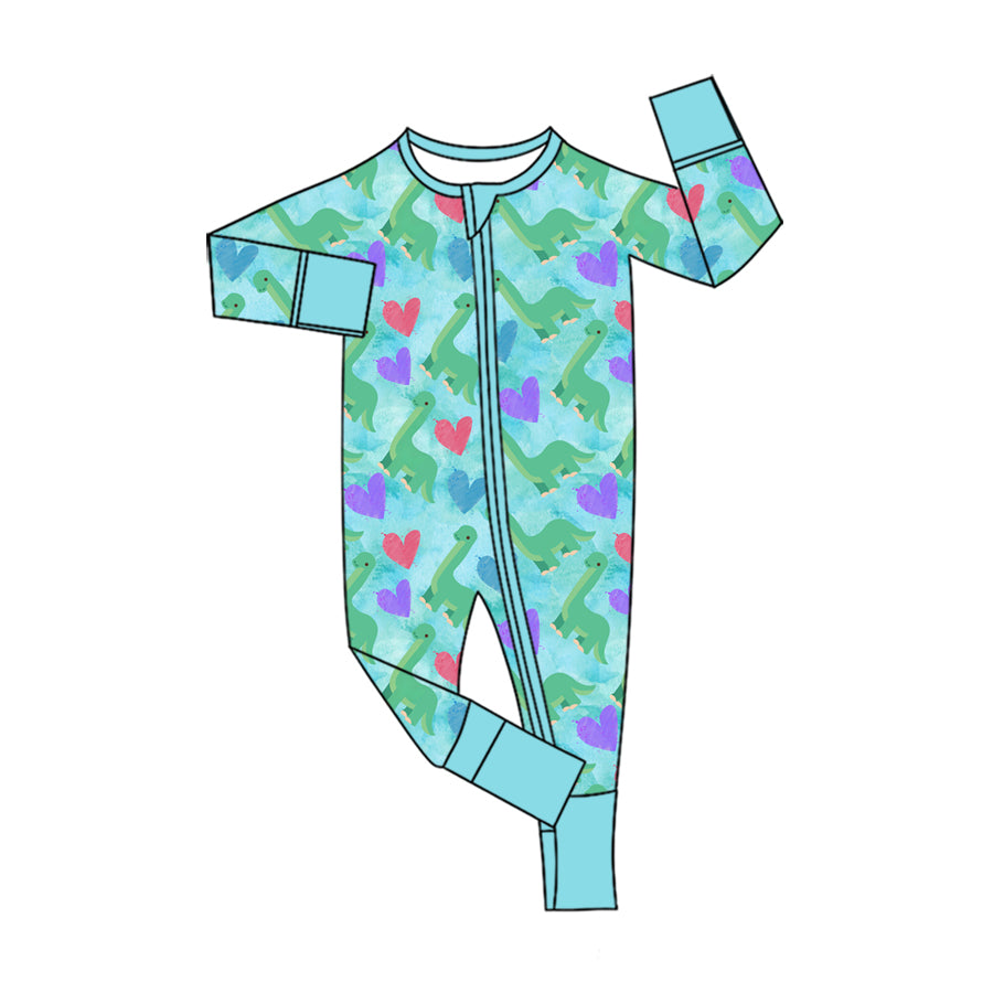 Baby Boys Colorful Hearts Dinosaurs Valentines Two Way Zip Convertible Rompers Preorder