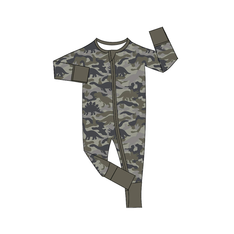 Baby Boys Grey Camo Dinosaurs Two Way Ruffle Zip Convertible Rompers Preorder
