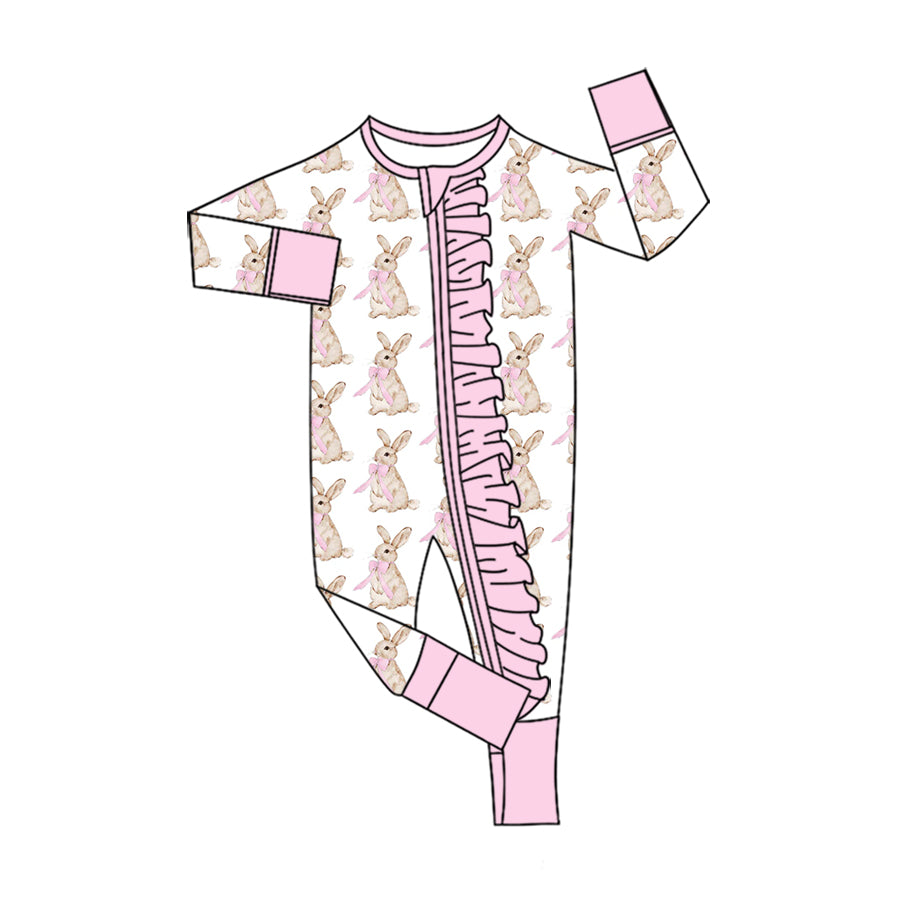Preorder moq 5 Baby Girls Easter Rabbits Pink Rabbits Long Sleeve Zip Rompers