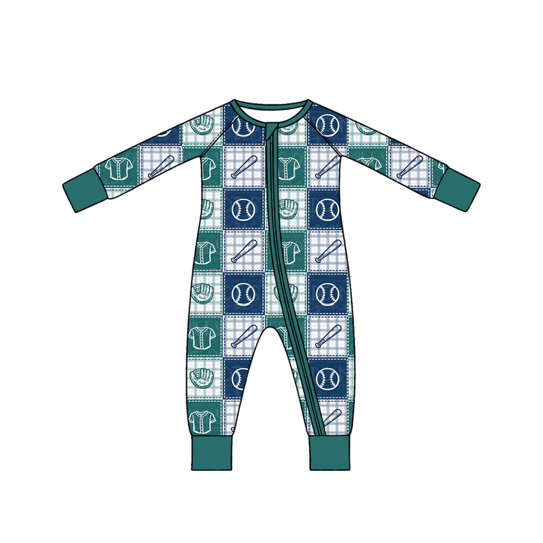 Preorder moq 5Baby Boys Green Checked Baseballs Team Two Way Zip Convertible Rompers