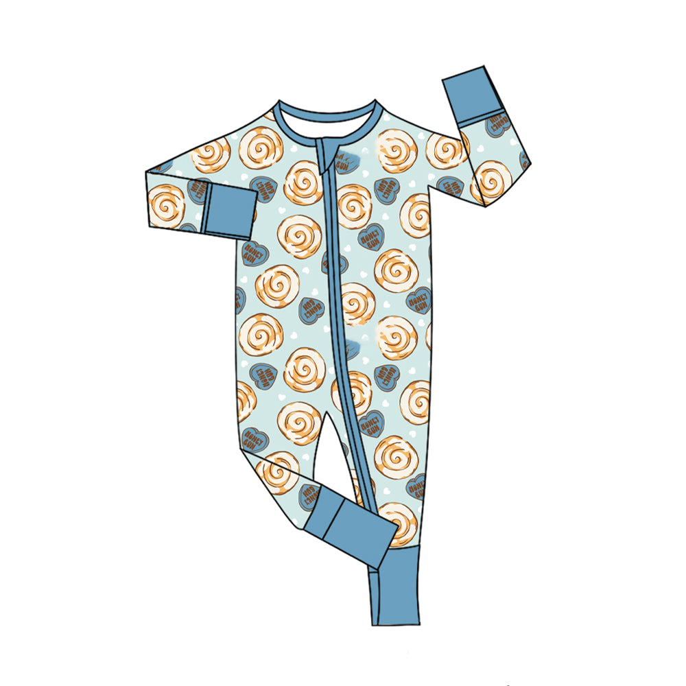 Preorder moq 5 Baby Boys Blue Hearts Donuts Valentines Two Way Zip Convertible Rompers
