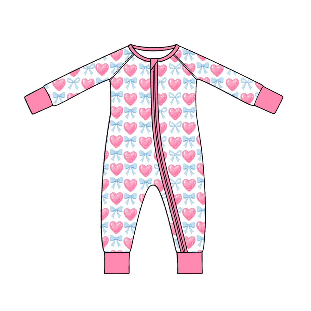 Preorder moq 5 Baby Girls Pink Blue Bows Hearts Valentines Two Way Zip Convertible Rompers