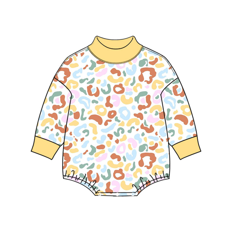 Preorder moq 5 Baby Girls Long Sleeve Yellow Pink Leopard Mock Neck Rompers