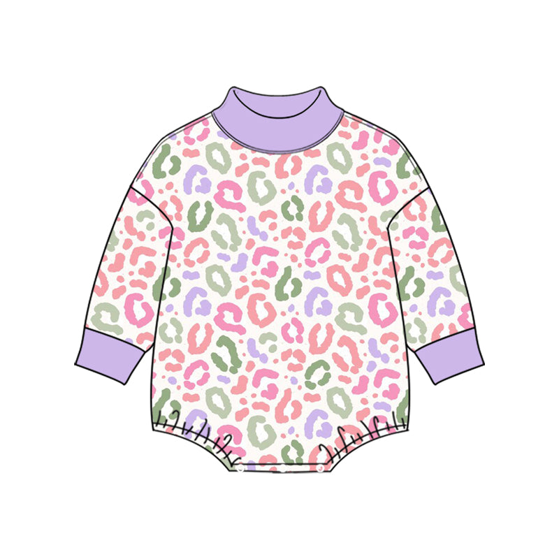 Preorder moq 5 Baby Girls Long Sleeve Lavender Pink Leopard Mock Neck Rompers