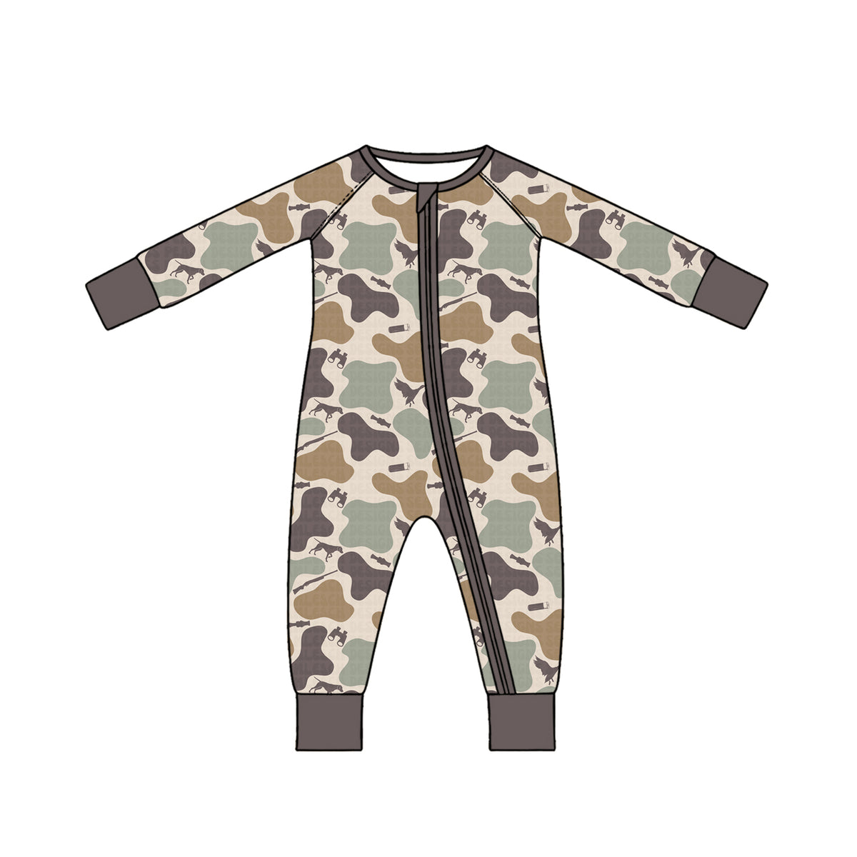 Preorder moq 5 Baby Boys Dogs Ducks Camo Hunting Two Way Zip Convertible Rompers