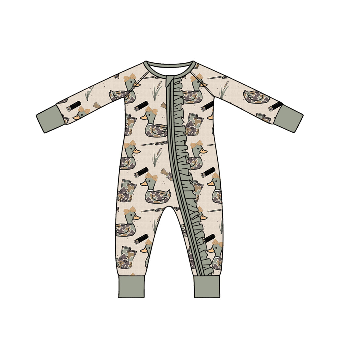 Preorder moq 5 Baby Girls Camo Ducks Calls Hunting Two Way Ruffle Zip Convertible Rompers