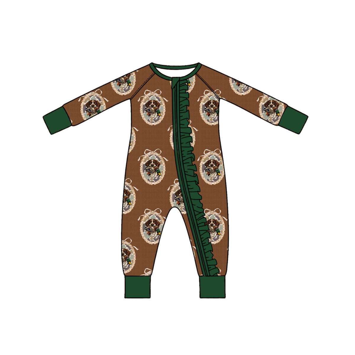 Preorder moq 5 Baby Girls Camo Dogs Ducks Hunting Two Way Ruffle Zip Convertible Rompers