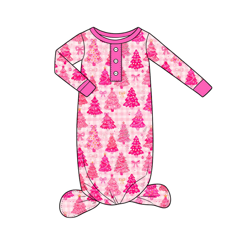 Preorder moq 5 Baby Girls Pink Checked Bows Trees Christmas Newborn Rompers
