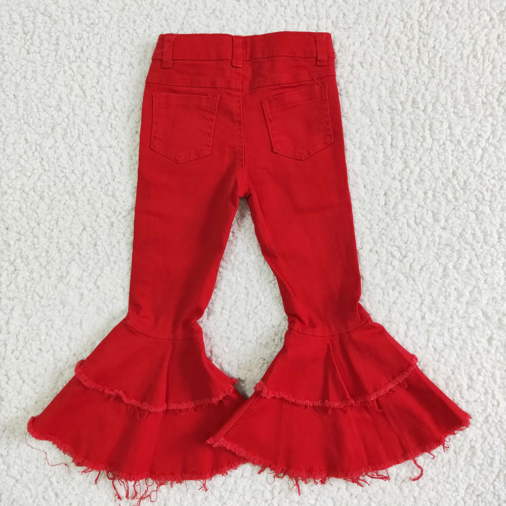 USA Shop Baby Girls Red Color Double Ruffle Denim Jeans Pants