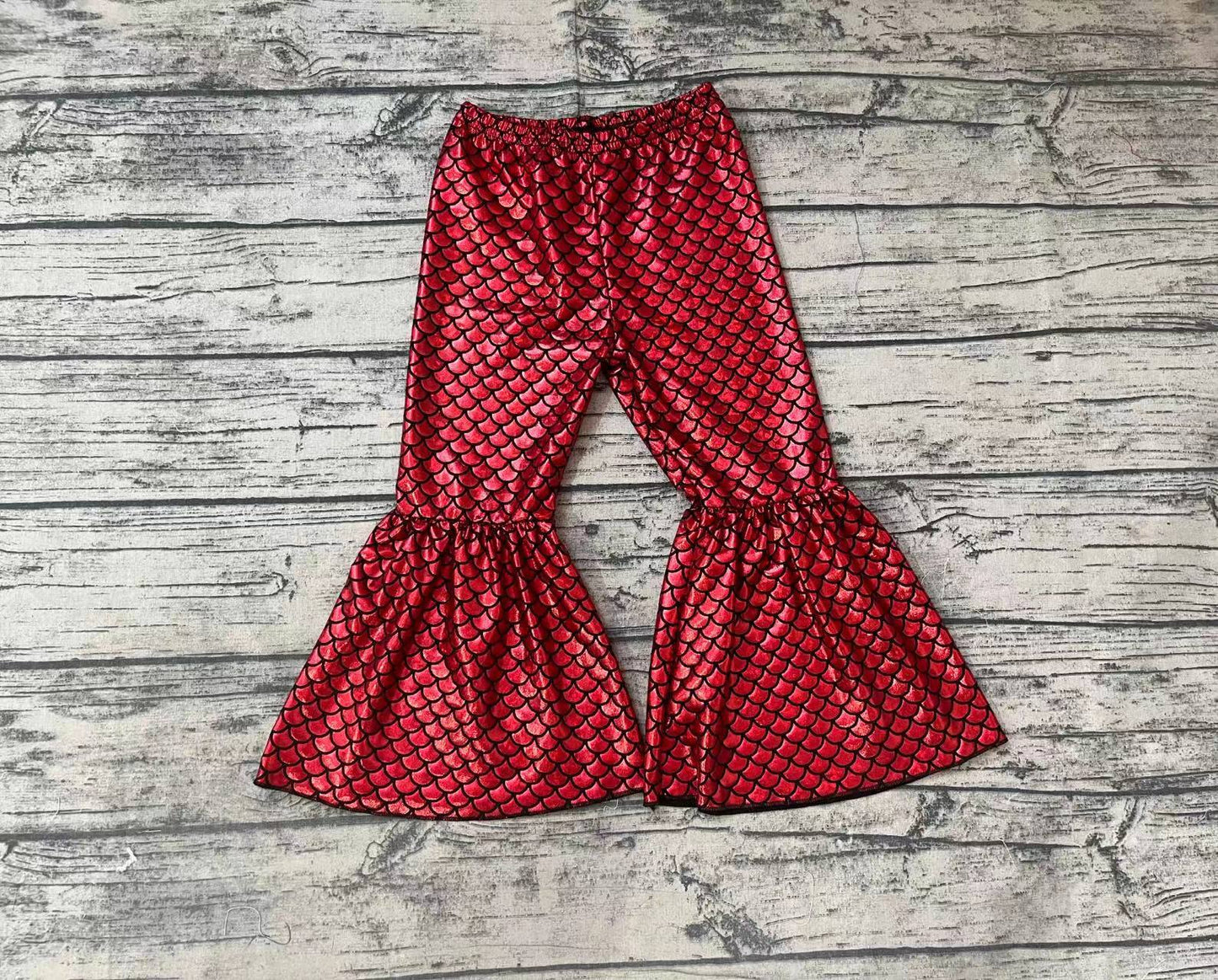 P0247 Baby Girls Red Mermaid Scale Holographic Spandex Bell Bottom Pants
