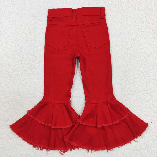 USA Shop Baby Girls Red Distressed Denim Double Ruffle Bell Pants
