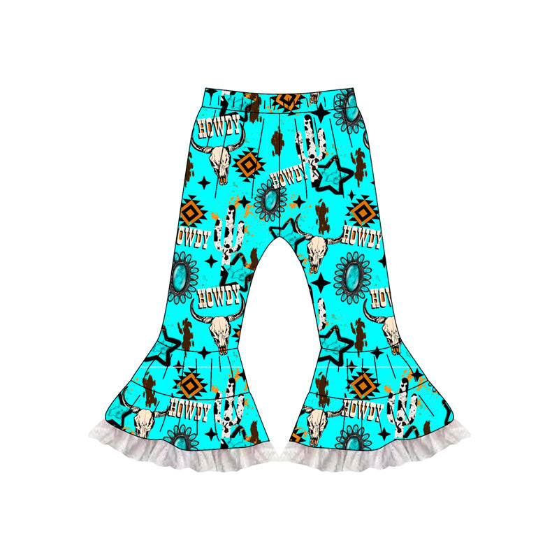 Baby Girls Light Blue Bull Skull Turquoises Cactus Bell Bottom Pants Preorder