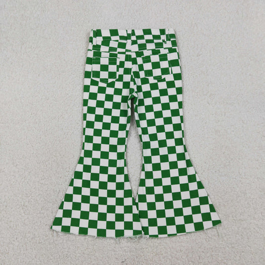 Baby Girls Green White Checked Pockets Denim Bell Bottom Pants