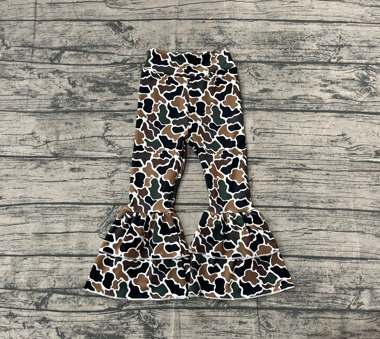 Baby Girls Dark Brown Camo Yoga Ruffle Bell Bottom Pants Preorder