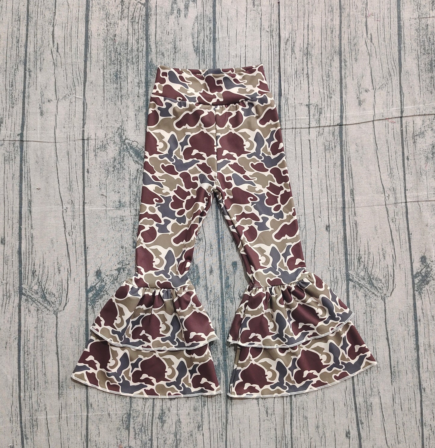 Baby Girls Dark Khaki Camo Yoga Active Ruffle Bell Bottom Pants