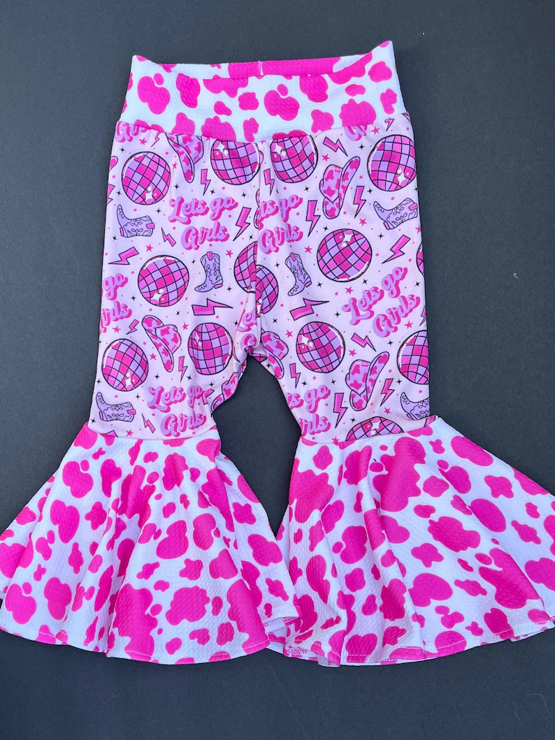 Baby Girls Pink Cow Print Boots Let's Go Girl Bell Bottom Pants Preorder